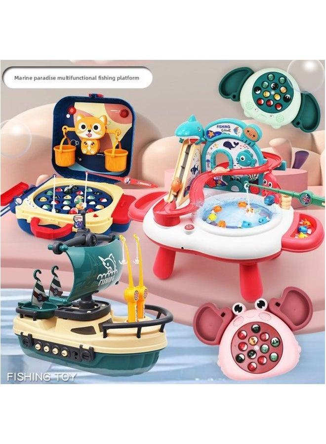 Children's Electric Magnetic Fishing Table Toy Backpack Sailboat Multi-function Early Education Music Rotating Plate-Color:156-12 Small Elephant Pink - Image 2