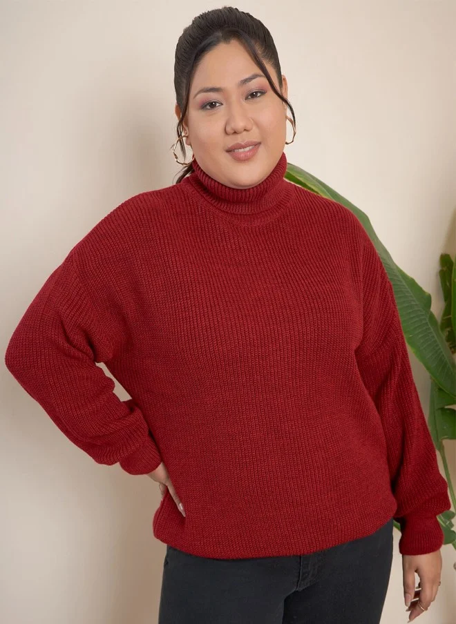 CURVY STREET Red Ribbed Turtle Neck Pullover for Women