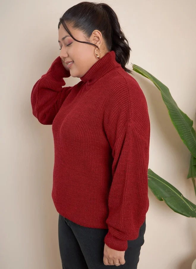 CURVY STREET Red Ribbed Turtle Neck Pullover for Women