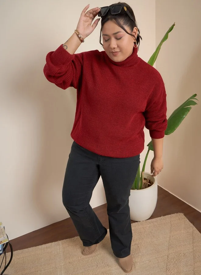 CURVY STREET Red Ribbed Turtle Neck Pullover for Women