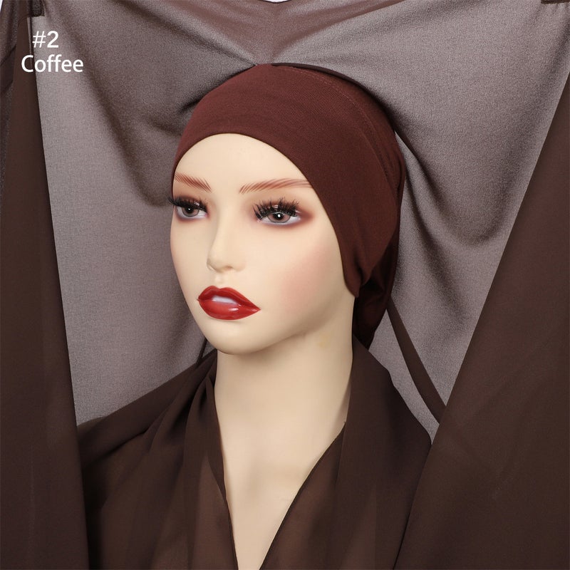 Solid Color Pearl Chiffon Long Scarf Plus Same Color Elastic Cylinder Cap Magnetic Buckle Integrated suit Scarf Convenient Tape #2 Coffee - Image 1