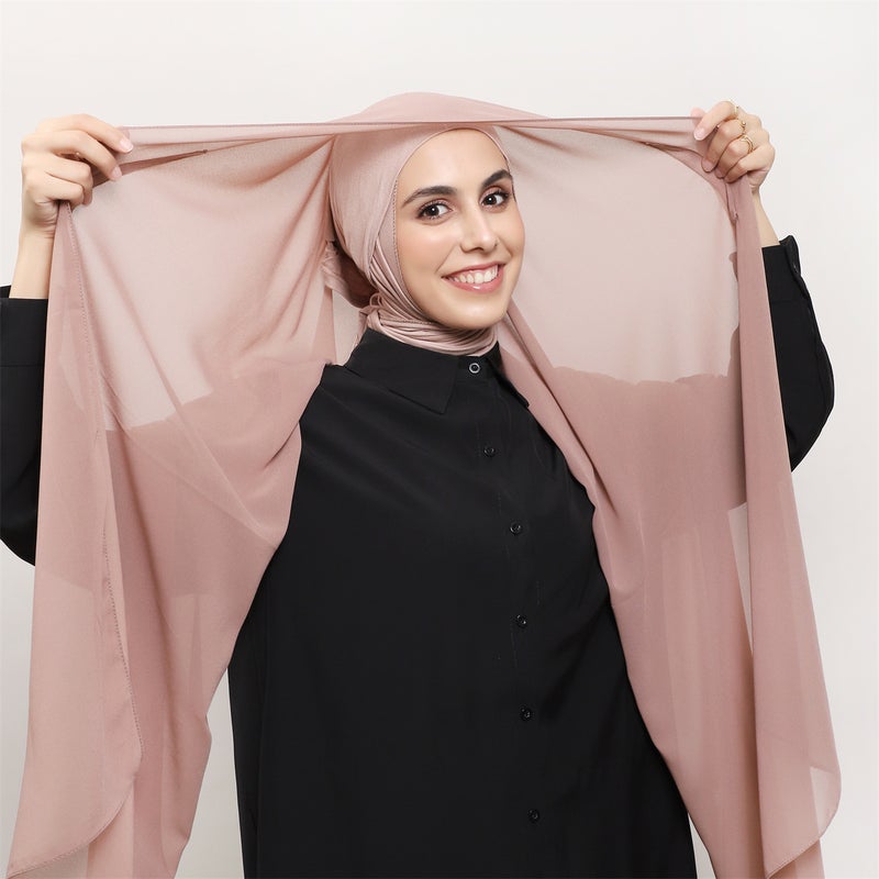 Solid Color Pearl Chiffon Long Scarf Plus Same Color Elastic Cylinder Cap Magnetic Buckle Integrated suit Scarf Convenient Tape #2 Coffee - Image 4