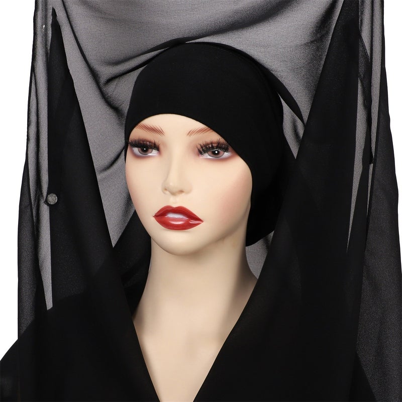 Solid Color Pearl Chiffon Long Scarf Plus Same Color Elastic Cylinder Cap Magnetic Buckle Integrated suit Scarf Convenient Tape #2 Coffee - Image 2