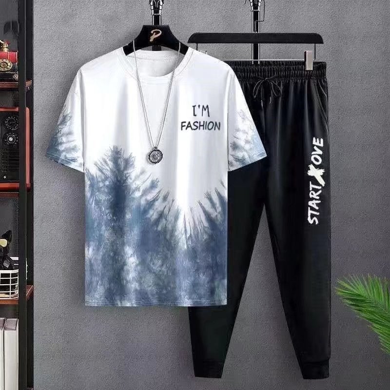 2022 Youth Sports Suit Summer Thin Set Mens Pine Blue-Trousers Set 