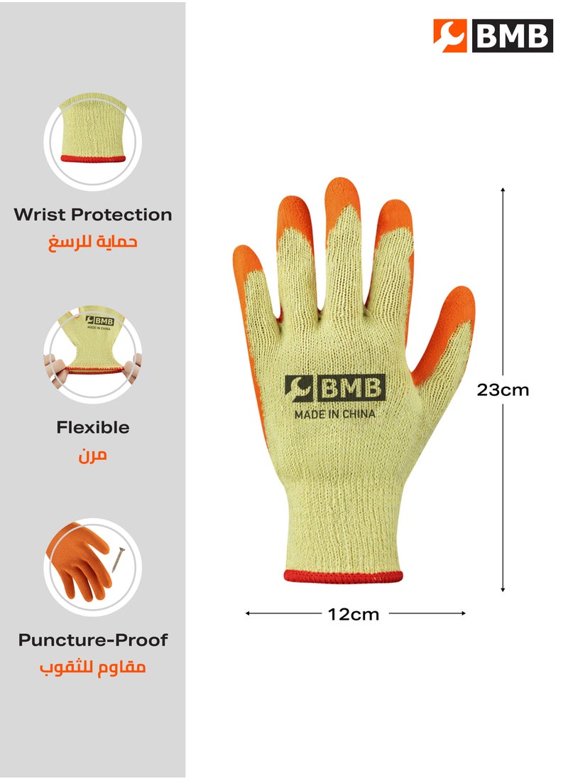 BMB tools Rubber Gloves -8 Pairs Orange- Abrasion-Resistant Seamless Knit Palm-Coated Unisex Safety Work Gloves with Wrist Protection for Construction Mechanics Warehouse Industrial Automotive Gardening  - Image 2