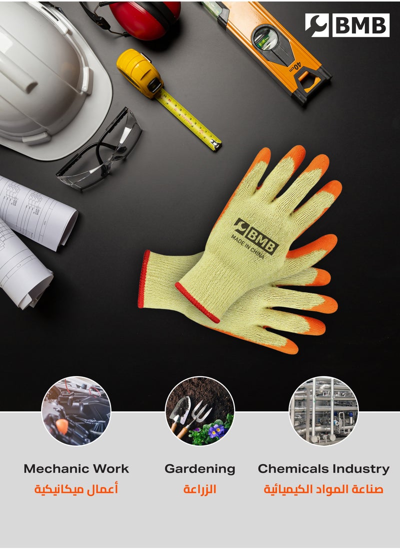 BMB tools Rubber Gloves -8 Pairs Orange- Abrasion-Resistant Seamless Knit Palm-Coated Unisex Safety Work Gloves with Wrist Protection for Construction Mechanics Warehouse Industrial Automotive Gardening  - Image 4