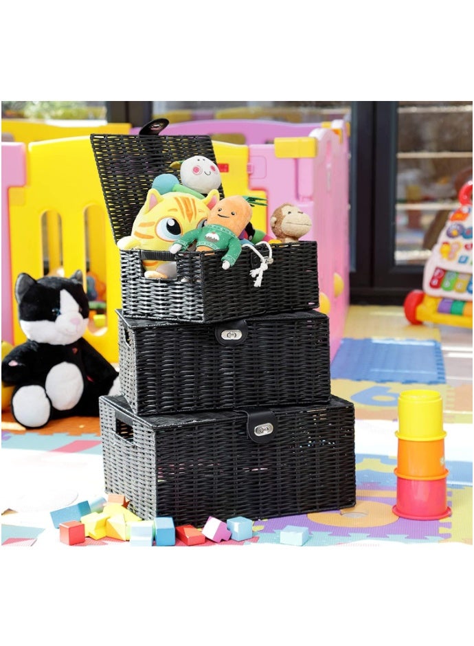 GOGOGO Black Wicker Storage Baskets - Set of 3 Decorative Nesting Boxes with Lids, Woven Basket with Lock & Handle, Organizer for Beauty Makeup Bathroom Decor - Image 2