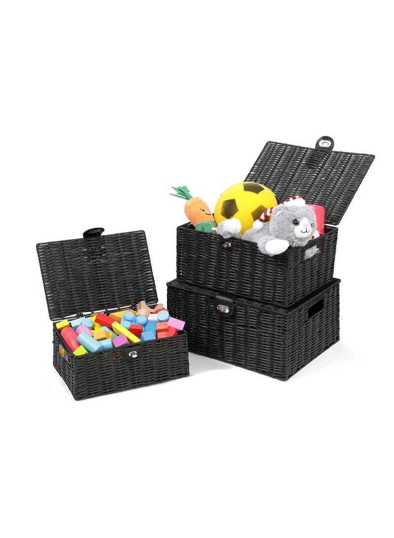 GOGOGO Black Wicker Storage Baskets - Set of 3 Decorative Nesting Boxes with Lids, Woven Basket with Lock & Handle, Organizer for Beauty Makeup Bathroom Decor - Image 4