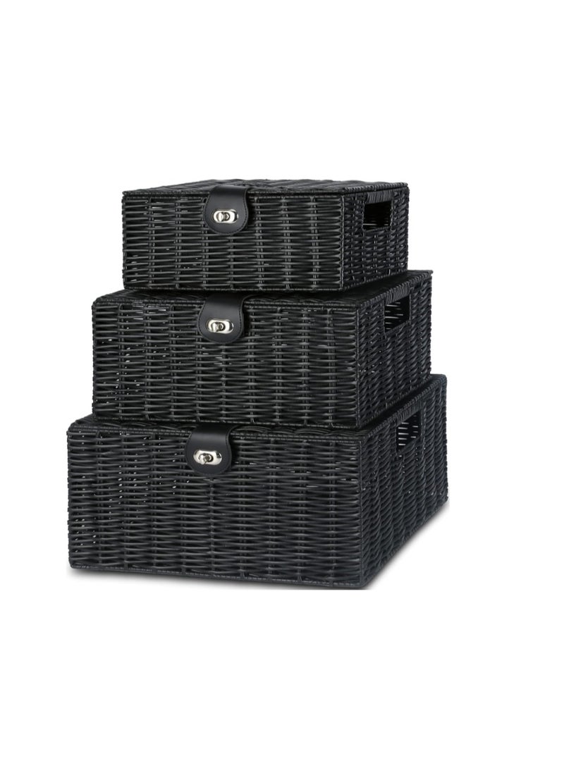 GOGOGO Black Wicker Storage Baskets - Set of 3 Decorative Nesting Boxes with Lids, Woven Basket with Lock & Handle, Organizer for Beauty Makeup Bathroom Decor - Image 1