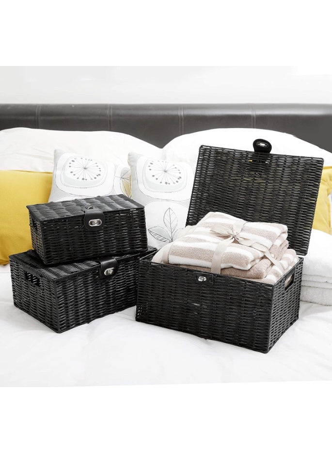 GOGOGO Black Wicker Storage Baskets - Set of 3 Decorative Nesting Boxes with Lids, Woven Basket with Lock & Handle, Organizer for Beauty Makeup Bathroom Decor - Image 3