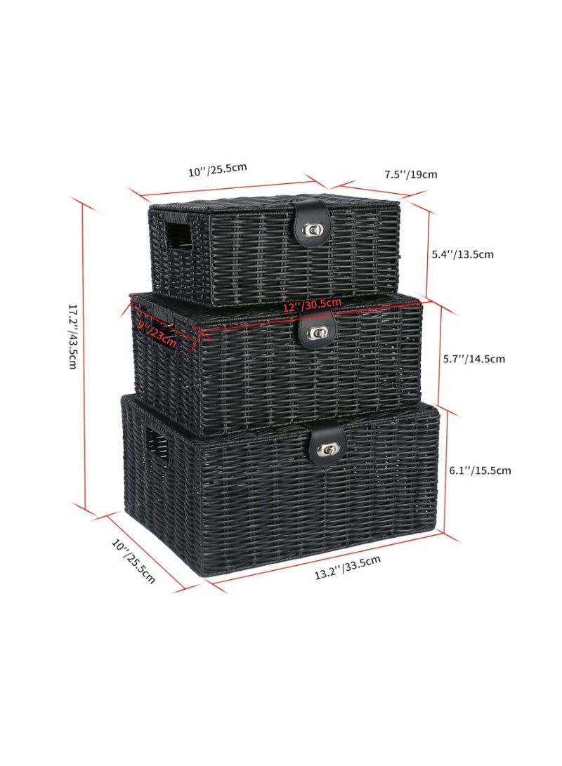 GOGOGO Black Wicker Storage Baskets - Set of 3 Decorative Nesting Boxes with Lids, Woven Basket with Lock & Handle, Organizer for Beauty Makeup Bathroom Decor - Image 5
