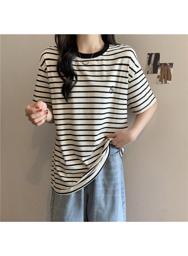 VUELO Real Shot Cotton Striped Short-sleeved T-shirt Women's Summer Loose All-match Student Half-sleeved Top Base-layer Shirt
