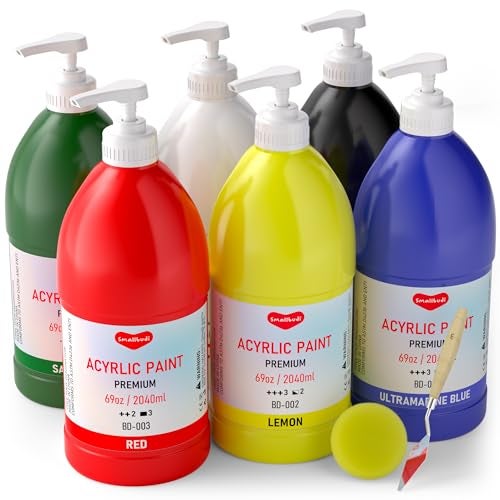 Smallbudi 6 Colors Large Acrylic Paint Set (69 oz,2040 ml) Art Painting Bulk Supplies for Multi Surface Canvas Wood Leather Fabric Rock Craft, Non Toxic Paint for Kid & Adult with Pump - Image 1