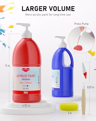 Smallbudi 6 Colors Large Acrylic Paint Set (69 oz,2040 ml) Art Painting Bulk Supplies for Multi Surface Canvas Wood Leather Fabric Rock Craft, Non Toxic Paint for Kid & Adult with Pump - Image 2