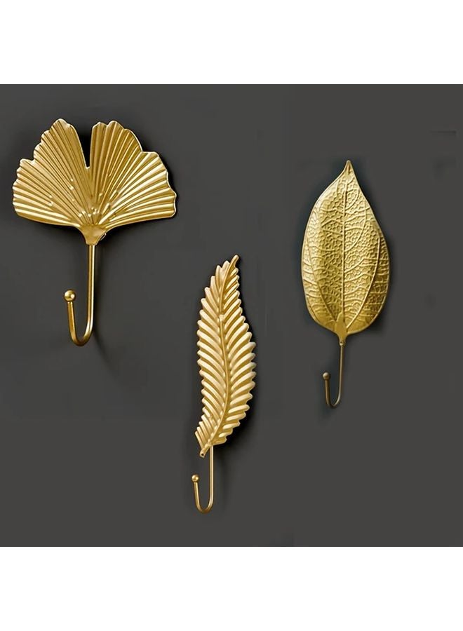 3pcs Golden Leaf Wall Hooks No Drill Installation Metal Key Coat Hangers - Image 1