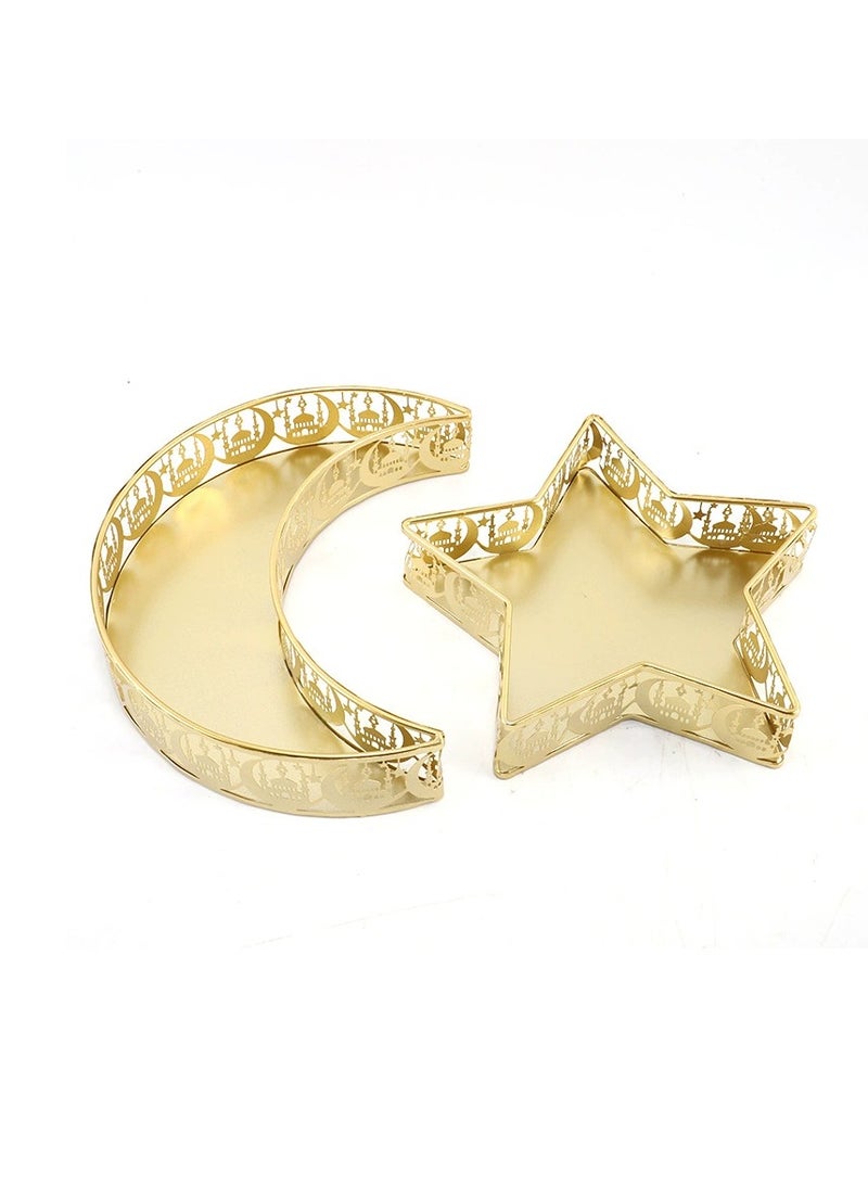 جوي لينك صينية على شكل هلال ونجمة، طقم صواني معدنية لتقديم الطعام في رمضان والعيد مبارك، أطباق حديدية على شكل هلال لتزيين طاولة حفلات فطر الأضحى الإسلامية، حامل عرض للمعجنات والحلويات (نقشة القصر) - قطعتين. - Image 1