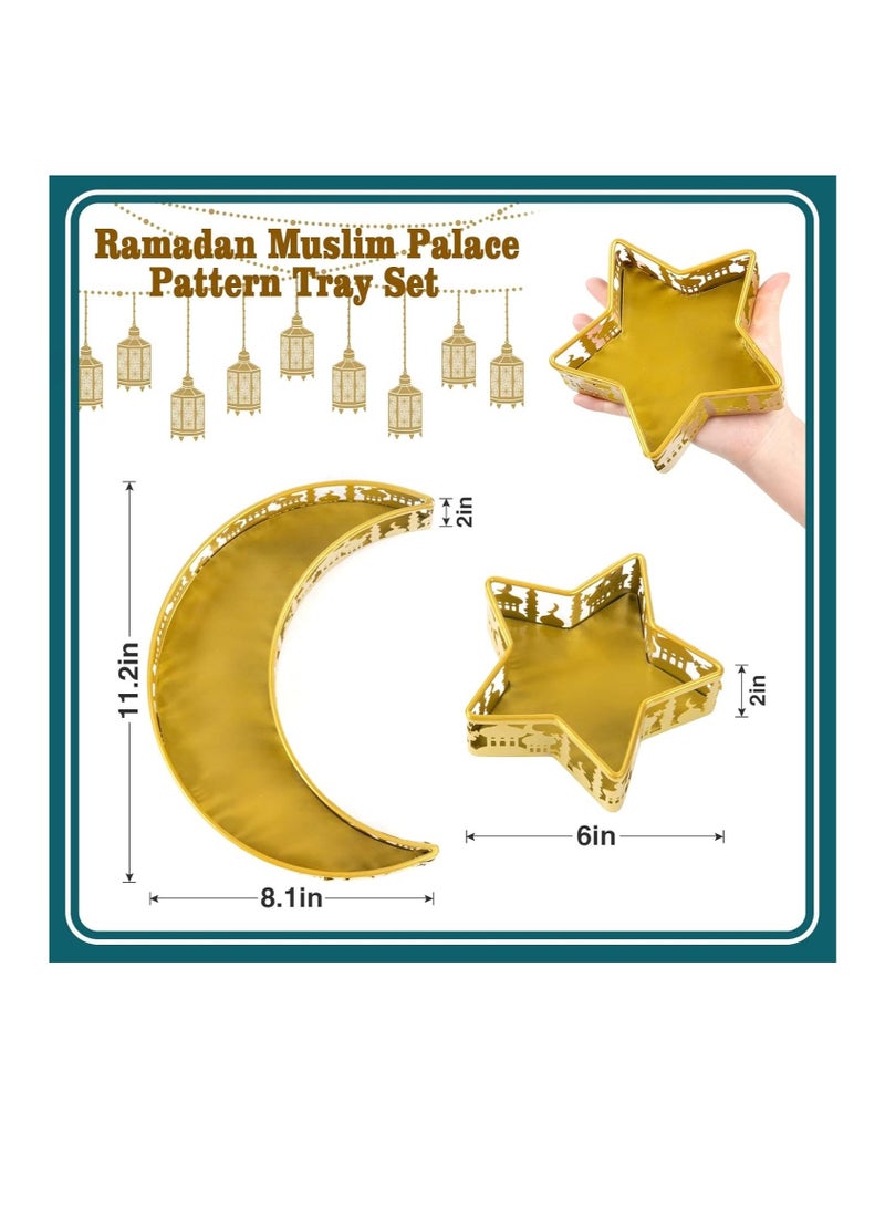 جوي لينك صينية على شكل هلال ونجمة، طقم صواني معدنية لتقديم الطعام في رمضان والعيد مبارك، أطباق حديدية على شكل هلال لتزيين طاولة حفلات فطر الأضحى الإسلامية، حامل عرض للمعجنات والحلويات (نقشة القصر) - قطعتين. - Image 2