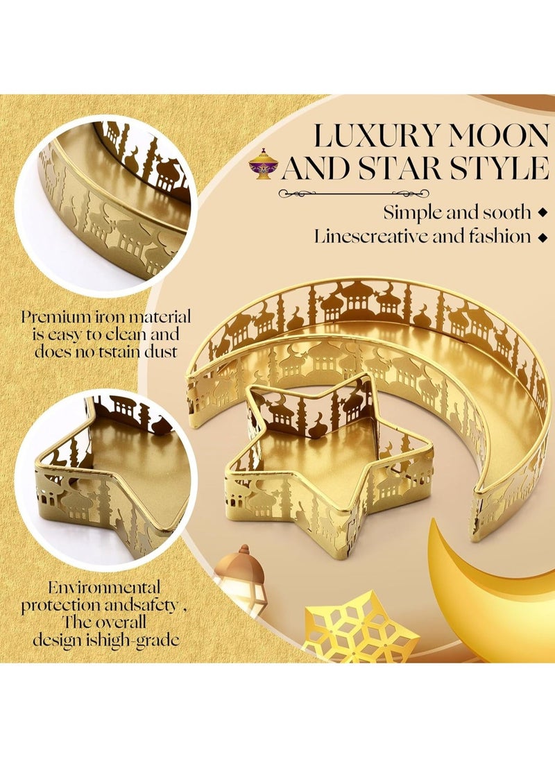 جوي لينك صينية على شكل هلال ونجمة، طقم صواني معدنية لتقديم الطعام في رمضان والعيد مبارك، أطباق حديدية على شكل هلال لتزيين طاولة حفلات فطر الأضحى الإسلامية، حامل عرض للمعجنات والحلويات (نقشة القصر) - قطعتين. - Image 3