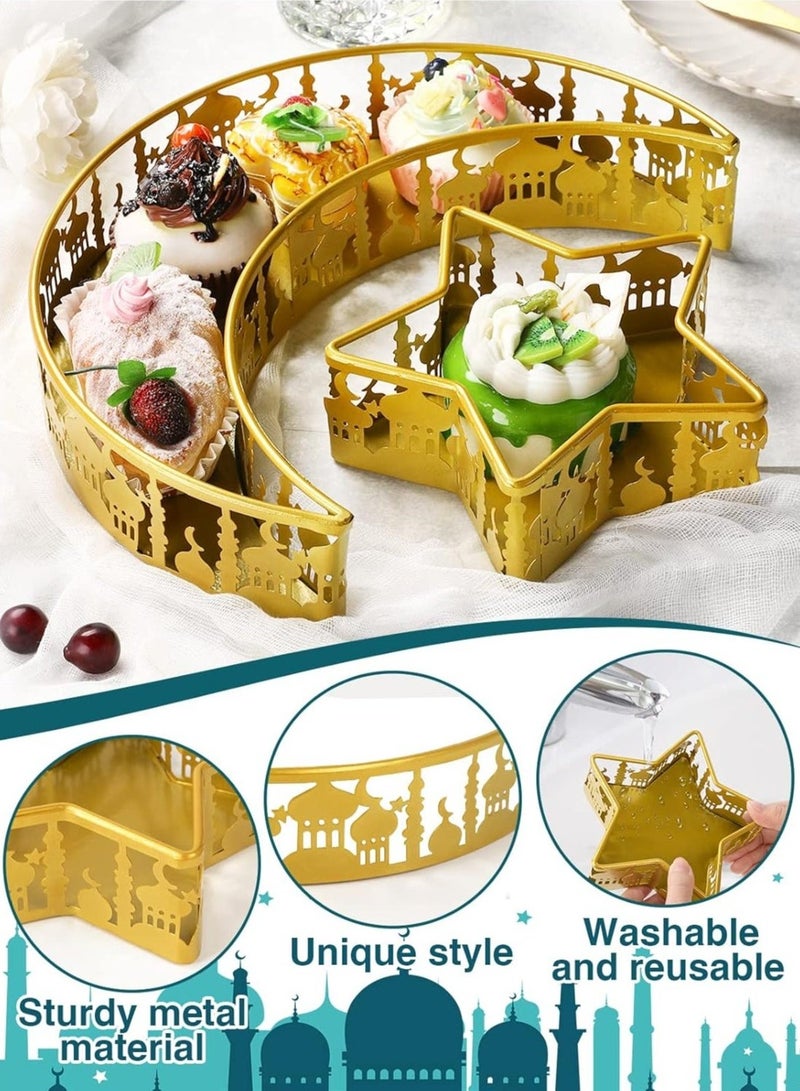 جوي لينك صينية على شكل هلال ونجمة، طقم صواني معدنية لتقديم الطعام في رمضان والعيد مبارك، أطباق حديدية على شكل هلال لتزيين طاولة حفلات فطر الأضحى الإسلامية، حامل عرض للمعجنات والحلويات (نقشة القصر) - قطعتين. - Image 5