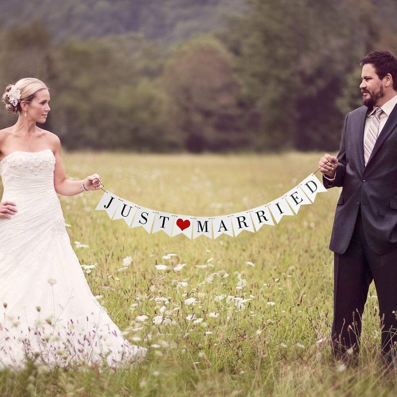 Vintage Just Married Banner Wedding Bunting Photo Booth Props Signs Garland Bridal Shower Decoration White