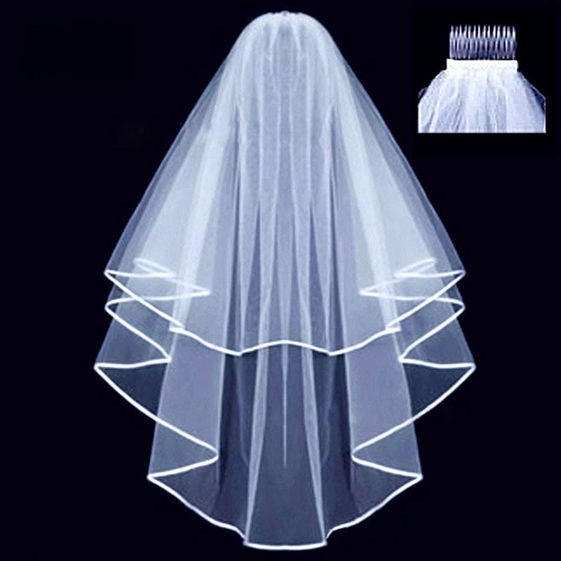 Bridal Double-Layer Satin Ribbon Veil with Hair Comb White optional  - Image 1