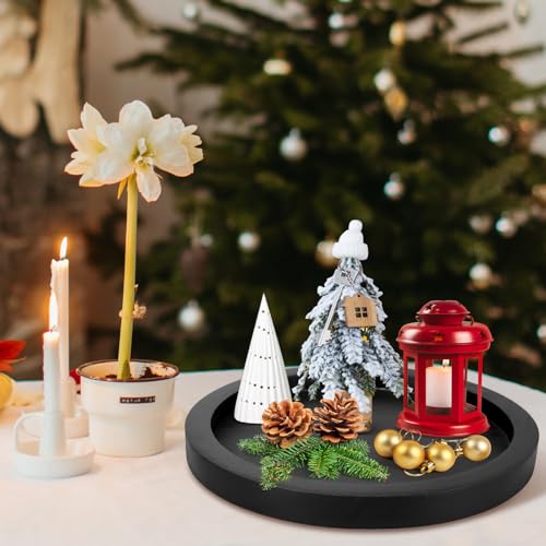 Ayiaren Rustic Decorative Wooden Serving Tray Home Decor Round Ottoman Coffee Table Trays Farmhouse Living Room Dinner Table Centerpiece Accessories Wood Candle Holder Tray for Kitchen Counter Bathroom Vanity - Image 3