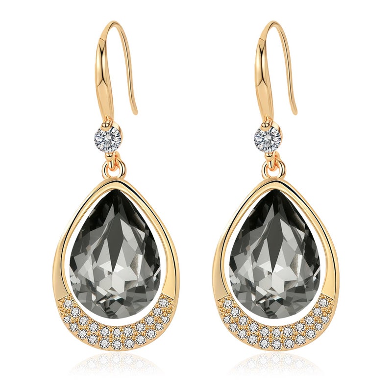 EVEVIC Austrian Crystal Halo Teardrop Hollow Drop Dangle Earrings for Women 14K Rose Gold Plated Hypoallergenic Jewelry (Grey-Black) - Image 1