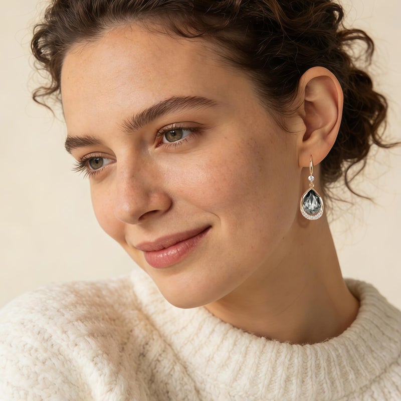 EVEVIC Austrian Crystal Halo Teardrop Hollow Drop Dangle Earrings for Women 14K Rose Gold Plated Hypoallergenic Jewelry (Grey-Black) - Image 2