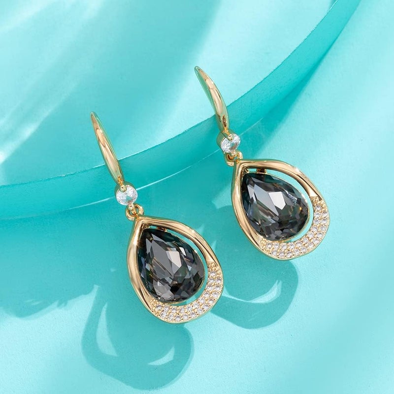 EVEVIC Austrian Crystal Halo Teardrop Hollow Drop Dangle Earrings for Women 14K Rose Gold Plated Hypoallergenic Jewelry (Grey-Black) - Image 5