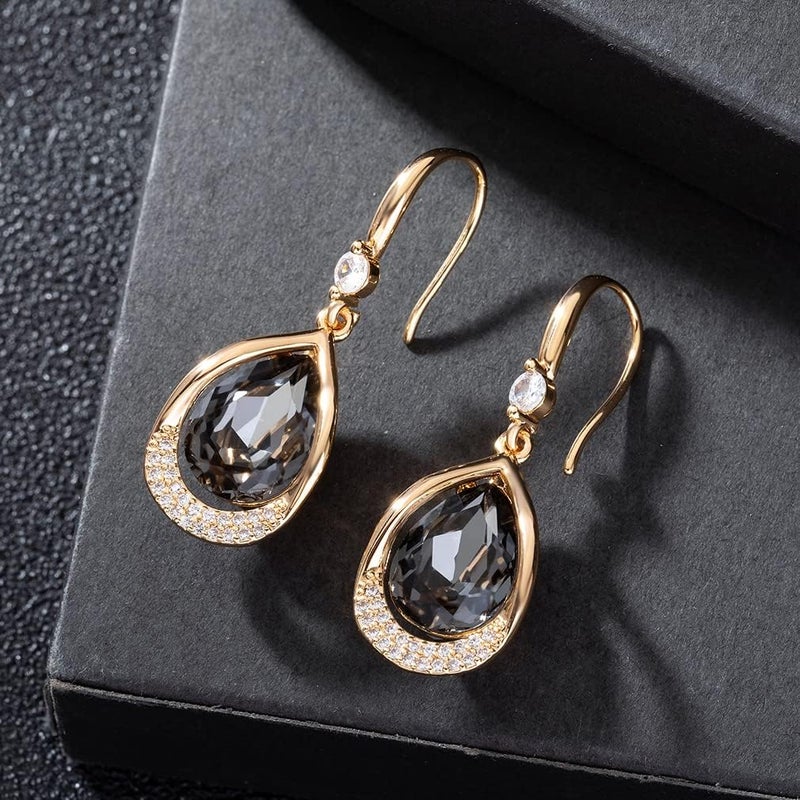 EVEVIC Austrian Crystal Halo Teardrop Hollow Drop Dangle Earrings for Women 14K Rose Gold Plated Hypoallergenic Jewelry (Grey-Black) - Image 3