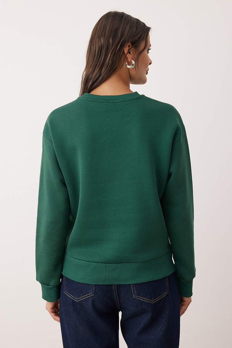 trendyol Emerald Green Thick Fleece Inside Regular Fit Crew Neck Basic Knitted Sweatshirt - Image 4
