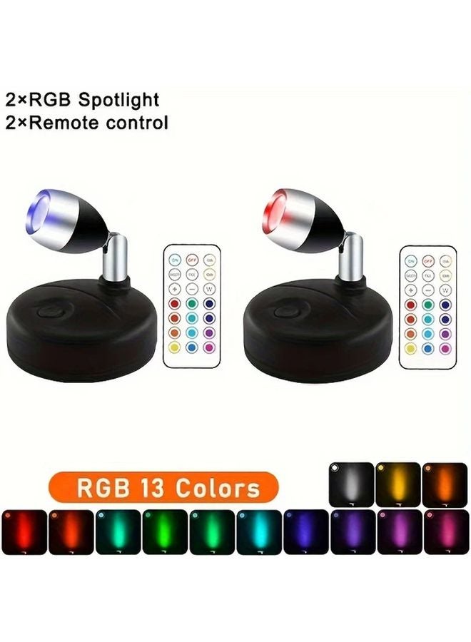 قطعتان من سبوت لايت ليد لاسلكي أسود RGB مع إضاءة ليلية دوارة قابلة للتعتيم وريموت كونترول - Image 1
