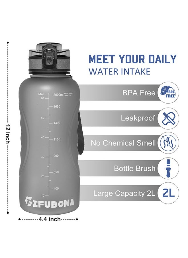 GIFUBOWA - Sports Water Bottle with Time Marker 2 Liter BPA-Free LeakProof Motivational Large Drink Jug for Fitness Gym Office and Outdoor - Image 1