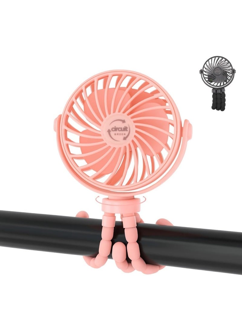 Circuit Green 360° Rotating Portable Mini Fan. 3-Speed Rechargeable Stroller Fan with Flexible Tripod, Handheld Personal Cooling for Car Seat, Crib, Treadmill, and Travel (Pink) - Image 1