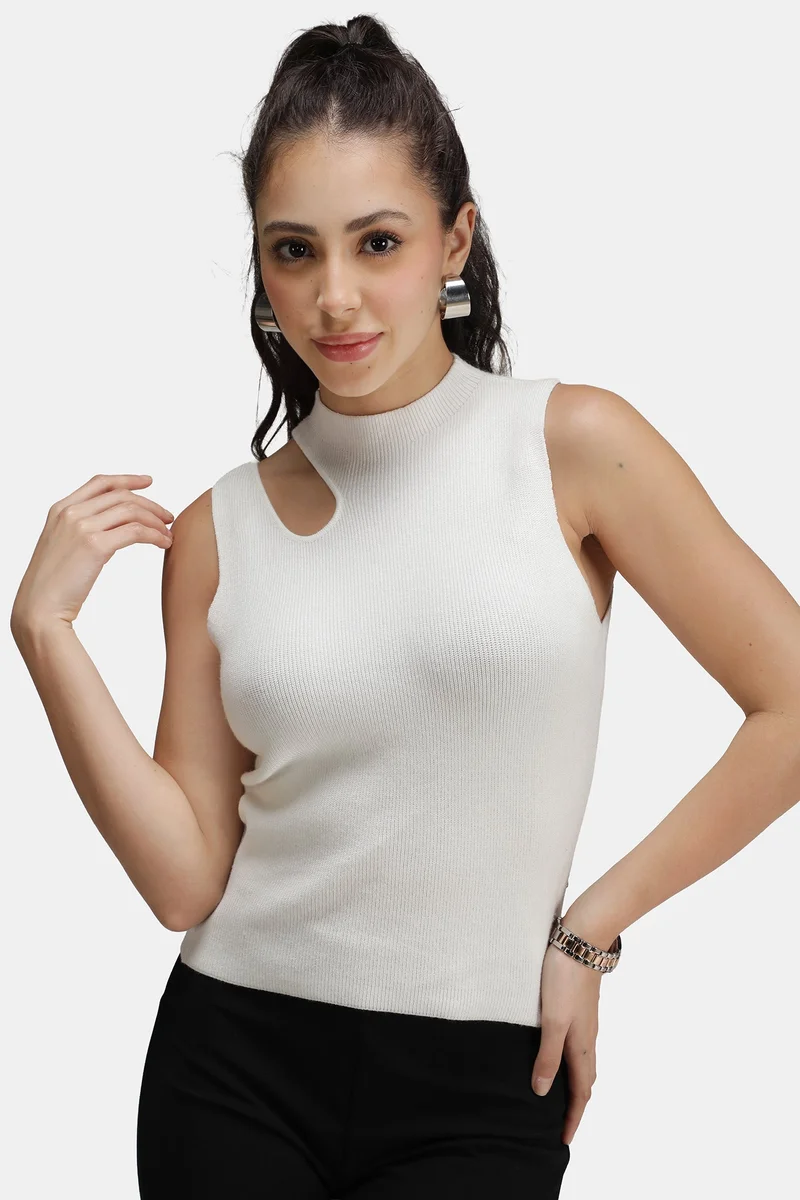 Virgio Solid Viscose Asymmetric Cut-Out Flat Knit Tank for Women