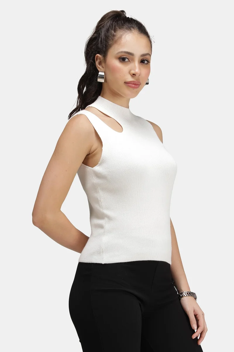 Virgio White Solid Viscose Asymmetric Cut-Out Flat Knit Tank for Women for Women | Best Price UAE