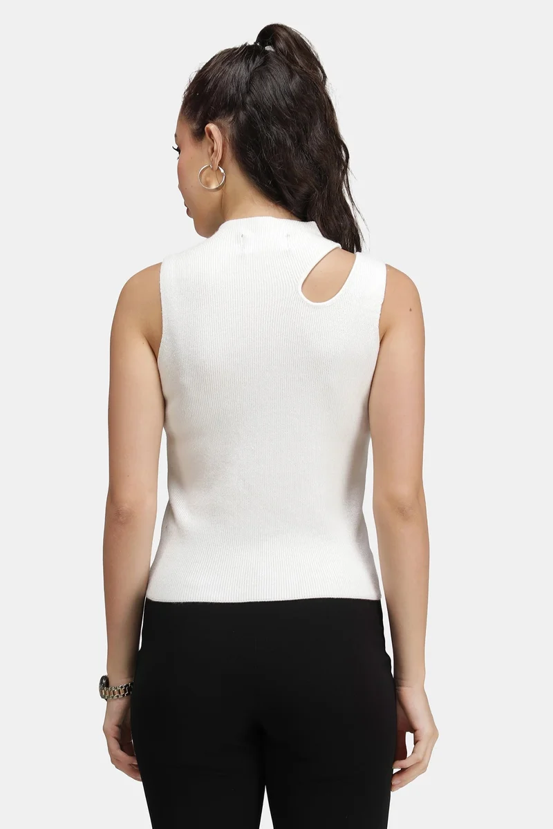 Virgio White Solid Viscose Asymmetric Cut-Out Flat Knit Tank for Women for Women | Best Price UAE