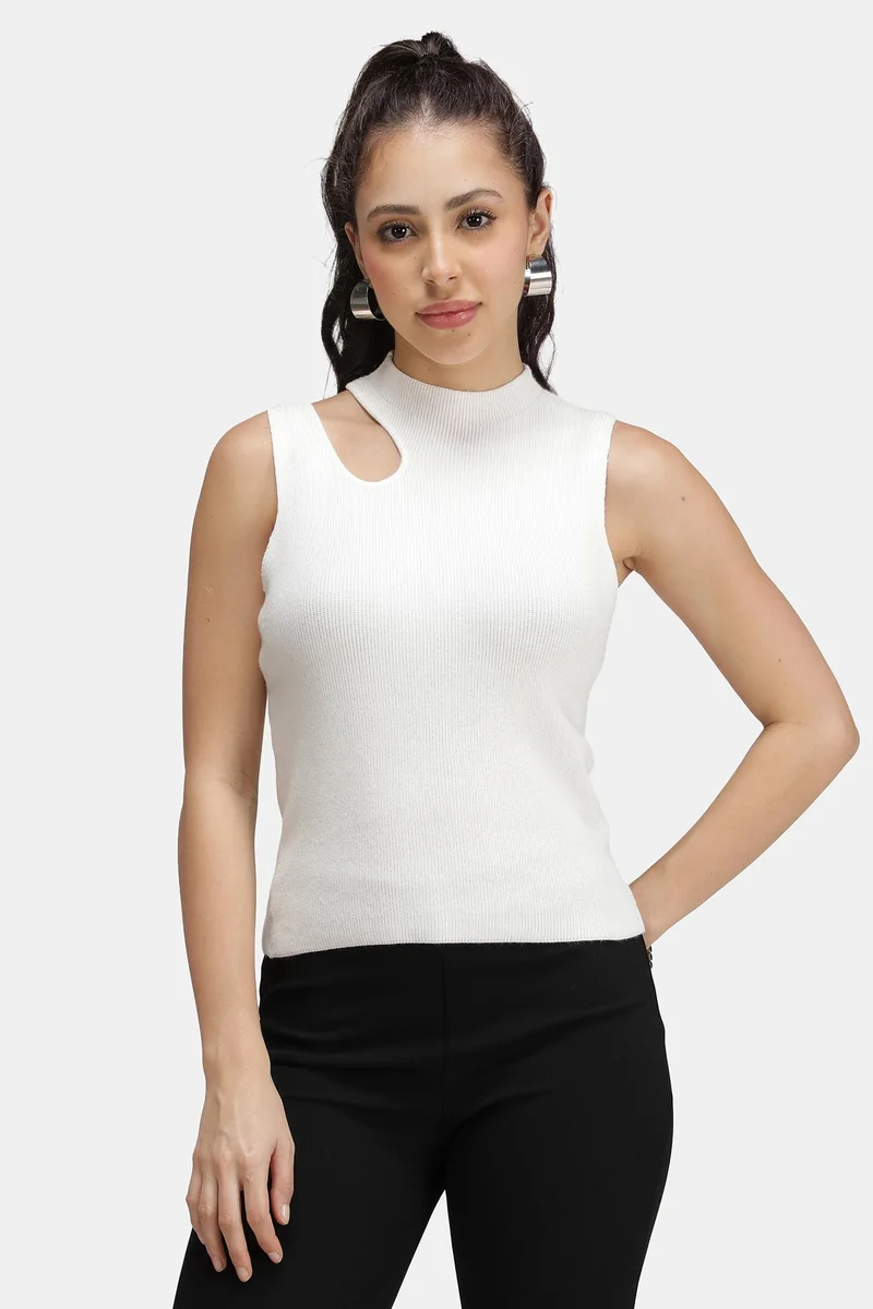 Virgio White Solid Viscose Asymmetric Cut-Out Flat Knit Tank for Women for Women | Best Price UAE