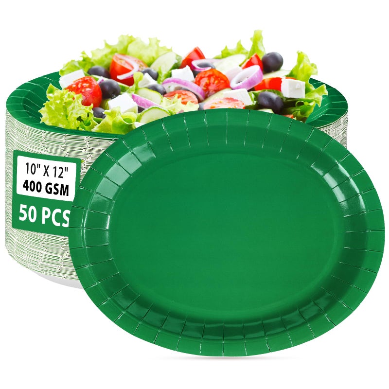 Grencian 50 PCS Green Oval Paper Plates 10"" x 12"" Large St. Patrick's Day Plates Disposable Heavy Duty Green St. Patrick's Day Paper Plates for Irish Holiday St. Patrick's Day Party Supplies Decorations - Image 1