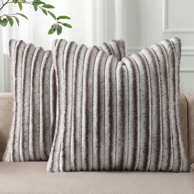 Pallene Faux Fur Plush Throw Pillow Covers 18x18 Set of 2, Luxury Soft Fluffy Striped Decorative Pillow Covers for Sofa, Couch, Living Room, Ombre Coffee - Image 1