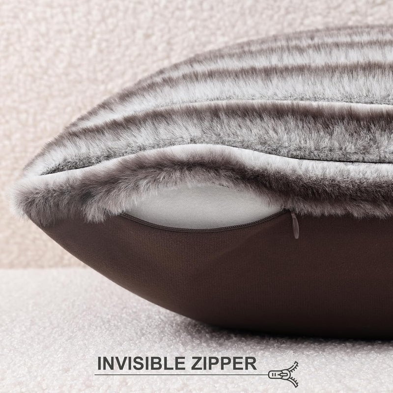 Pallene Faux Fur Plush Throw Pillow Covers 18x18 Set of 2, Luxury Soft Fluffy Striped Decorative Pillow Covers for Sofa, Couch, Living Room, Ombre Coffee - Image 3