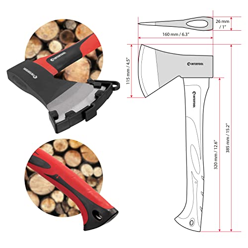 INTERTOOL 15” Camping Hatchet Axe – Compact Wood Splitting Tool with Fiberglass Shock-Resistant Handle, Small Axe for Chopping Firewood, Kindling, and Survival Gear – HT-0262 - Image 3