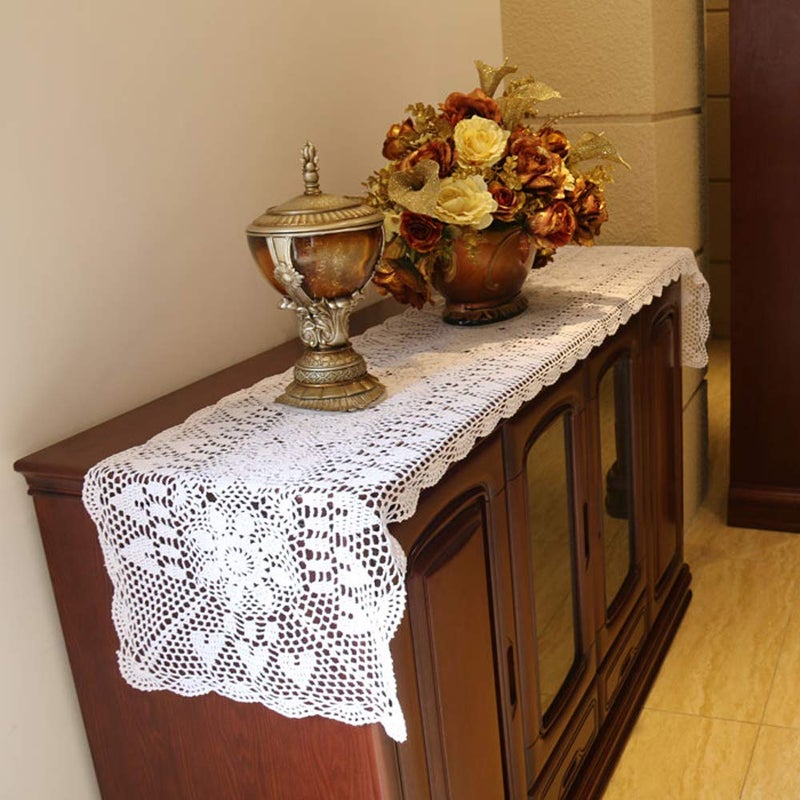 Damanni Rectangular Cotton Handmade Crochet Lace Table Runner Doilies Table Dresser Scarf Dcor16 Inch by 47 InchWhite