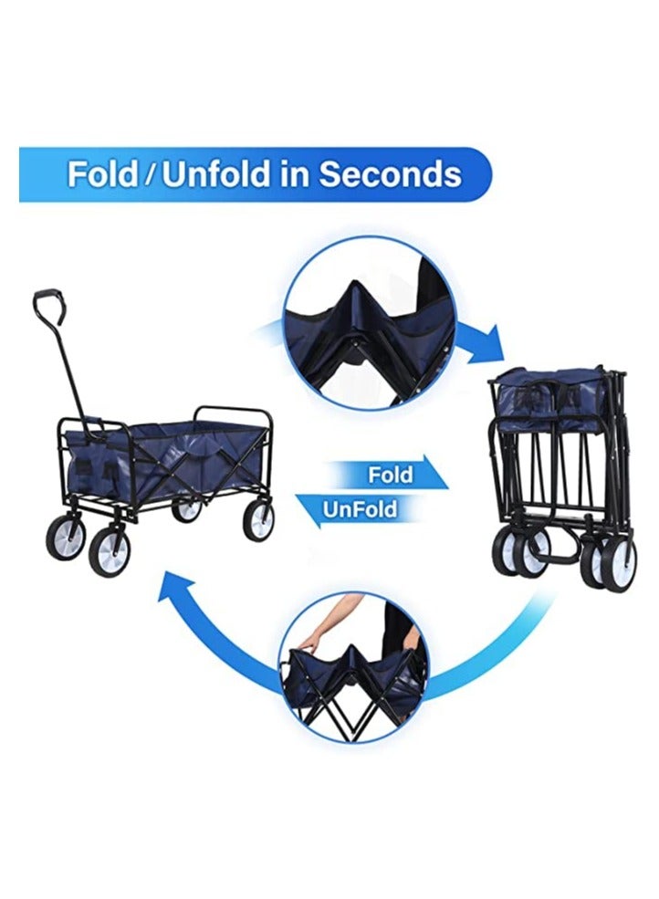 Generic Collapsible Beach Garden Trolley Multipurpose Folding Heavy Duty Wagon Trolley Collapsible Cart Blue Utility Transport Trailer with Pull Handle for Outdoor Garden Beach Park Shopping Festival Camp  - Image 1
