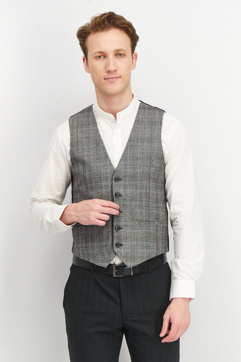 SELECTED Men Regular Fit Plaid Michael Vest, Grey - Image 1