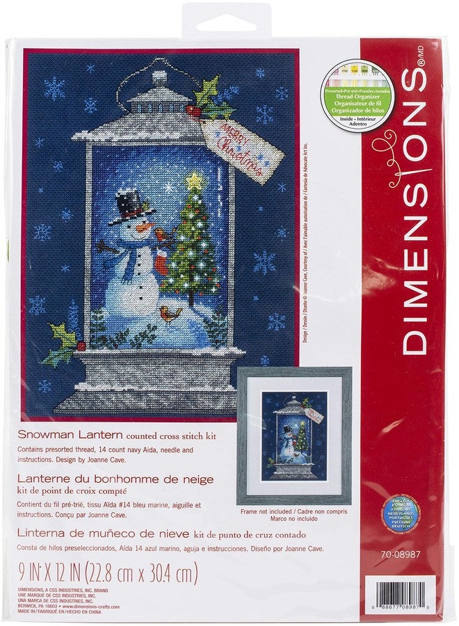 Dimensions 70-08987 Snowman Lantern Counted Cross Stitch Kit, 14 Count Navy Aida, 9" x 12" - Image 1