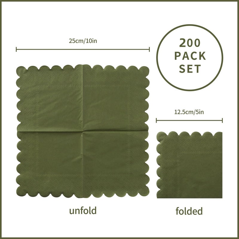 BEFORYOU 200 Pack Cocktail Napkin 2-Ply Scalloped Edged Dessert Napkins Folded 5 x 5 Inches Disposable Napkins for Dinner Wedding Birthday Party Bridal Anniversary Reception Event (Green) - Image 2