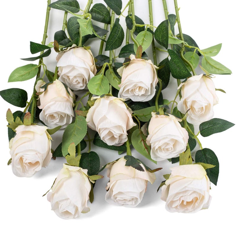Flojery 10Pcs Artificial Rose Flowers Long Stem Fake Silk Roses For Diy Wedding Bouquet Table Centerpiece Home Decor (White) - Image 1