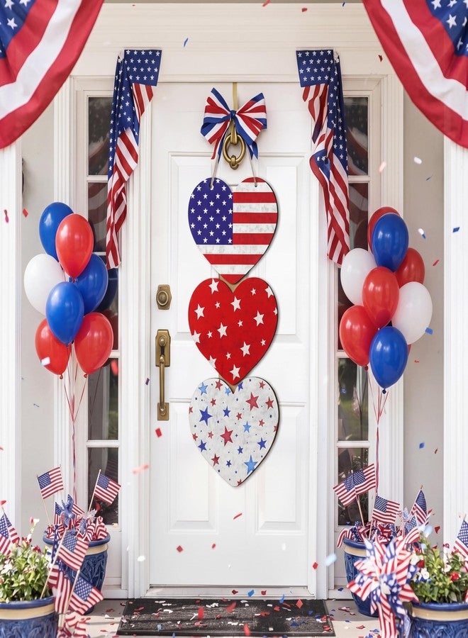 RattanView 4th of July Decoration Red White Blue Memorial Day Rustic Heart Patriotic Wreath for Front Door 250th Anniversary Wooden Hanging Sign Independence Day Decorations for Door Porch Decor - Image 4