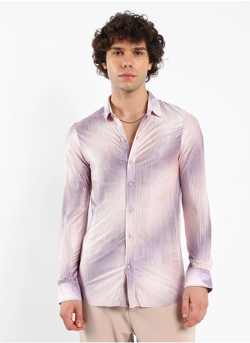 Campus Sutra Men's Lavender & Ivory White Ombre-Pleated Shirt